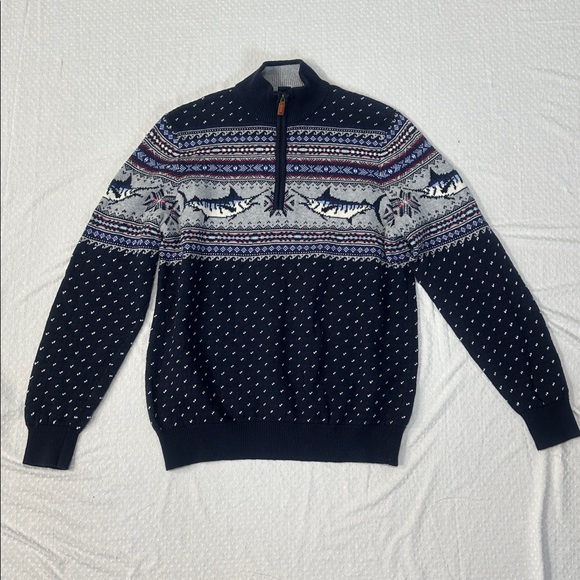 VINEYARD VINES Marlin Pattern Wool Fair Isle Quarter-Zip Sweater Men's LARGE - Picture 1 of 11